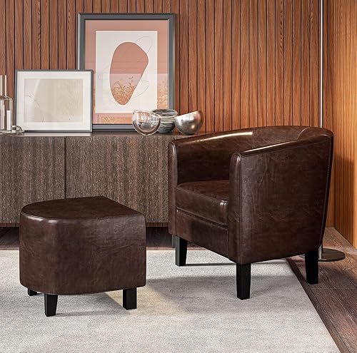 Miniatura 27 de Silla Belleze Accent Club con brazos redondos modernos y elegantes, con otomana, con espalda curvada, impresión francesa, de lino y piel sintética,