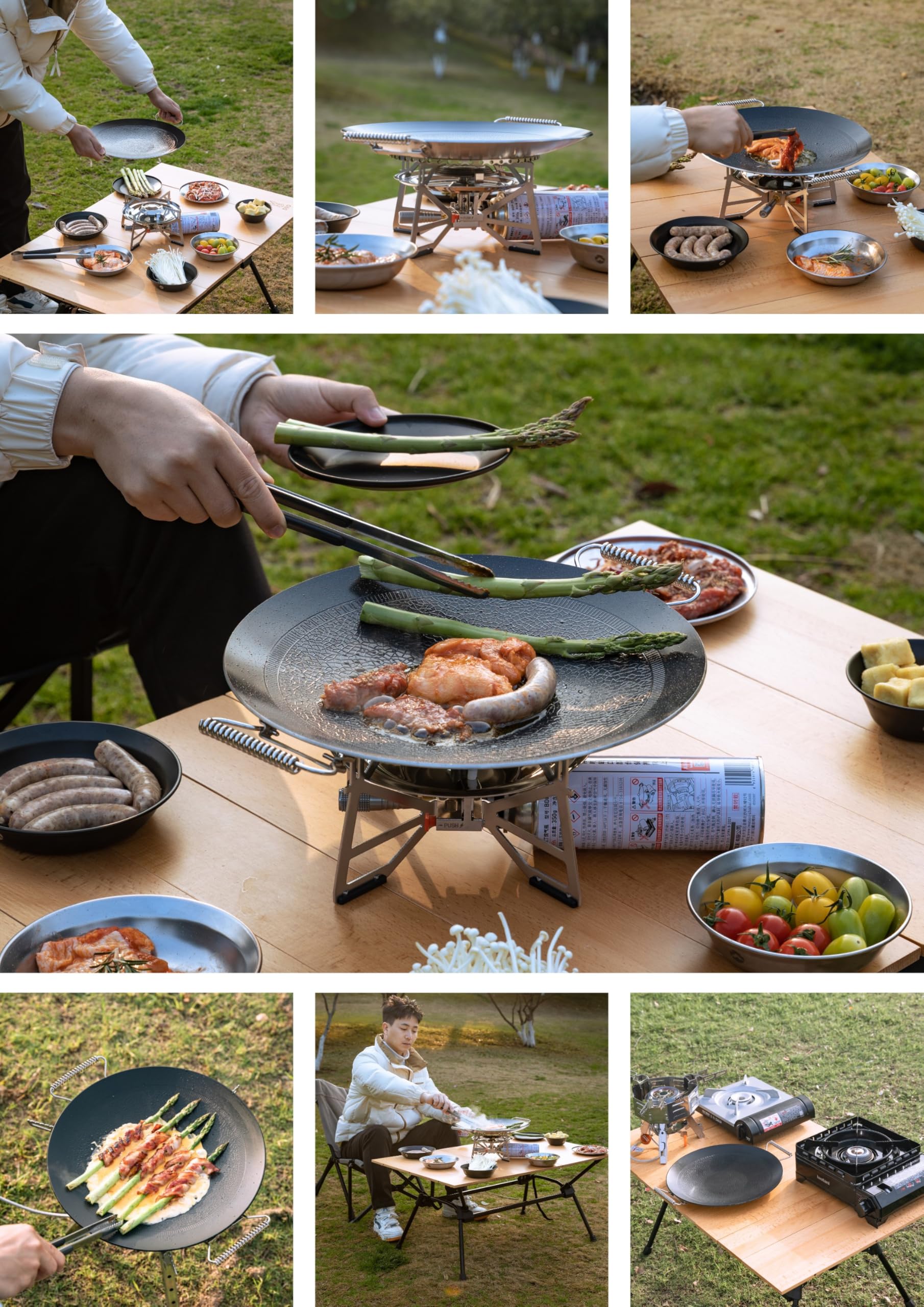 camping moon Griglia per barbecue, diametro 32,5 cm, piastra rotonda a 3 strati in acciaio composito antiaderente, manico pieghevole per stufa a gas a fuoco aperto, uso esterno e interno, GRW-33F