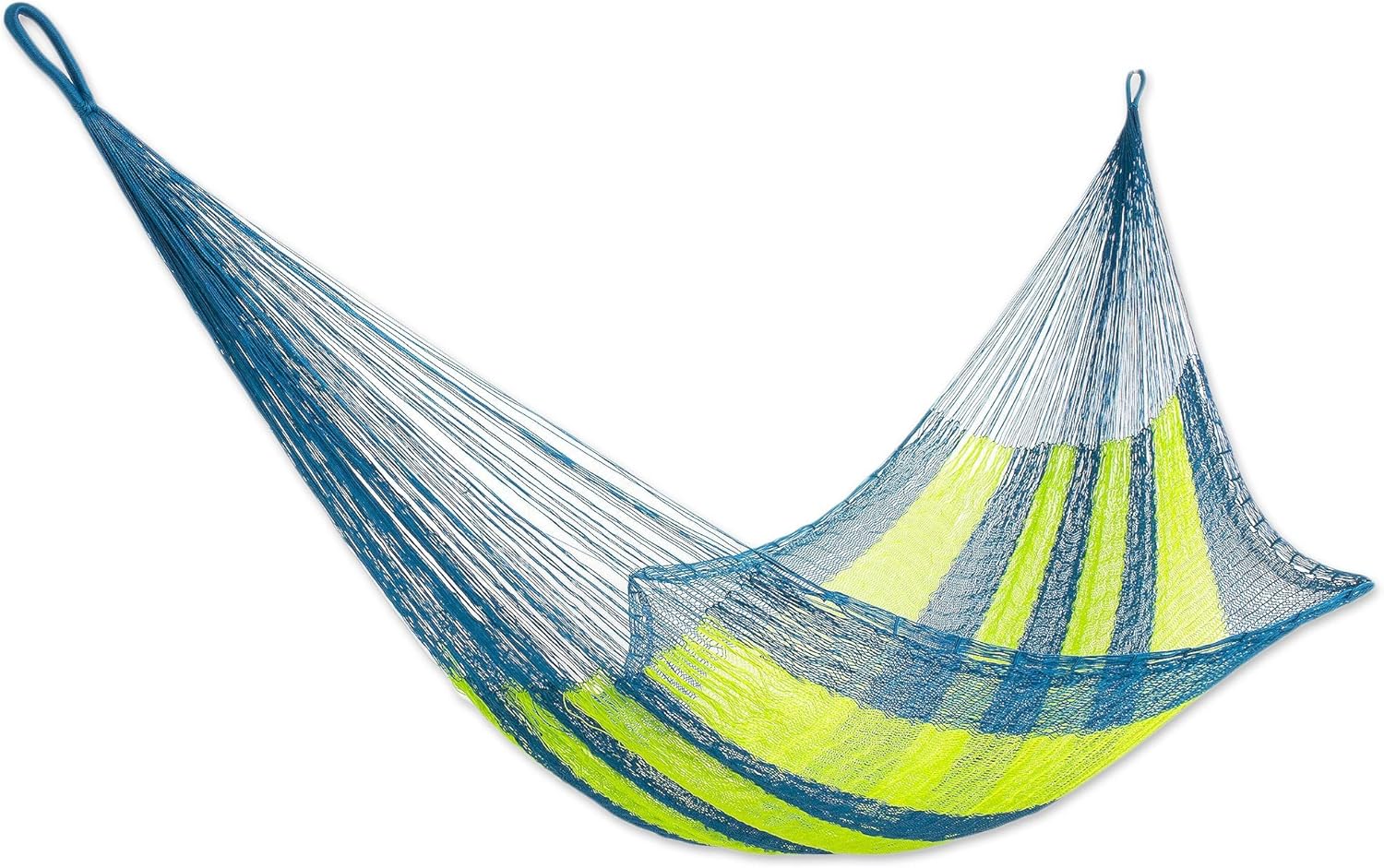 NOVICA Bright Yellow Teal Striped Hand Woven Nylon Mayan 1 Person Rope Hammock with Hanging Accessories, 'Neptune' (Single)