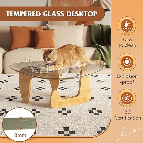 Miniatura 5 de WLIVE Mesa auxiliar, mesa de centro pequeña de cristal con patas de madera maciza, mesas triangulares de mediados de siglo de 32.7 pulgadas, mesa