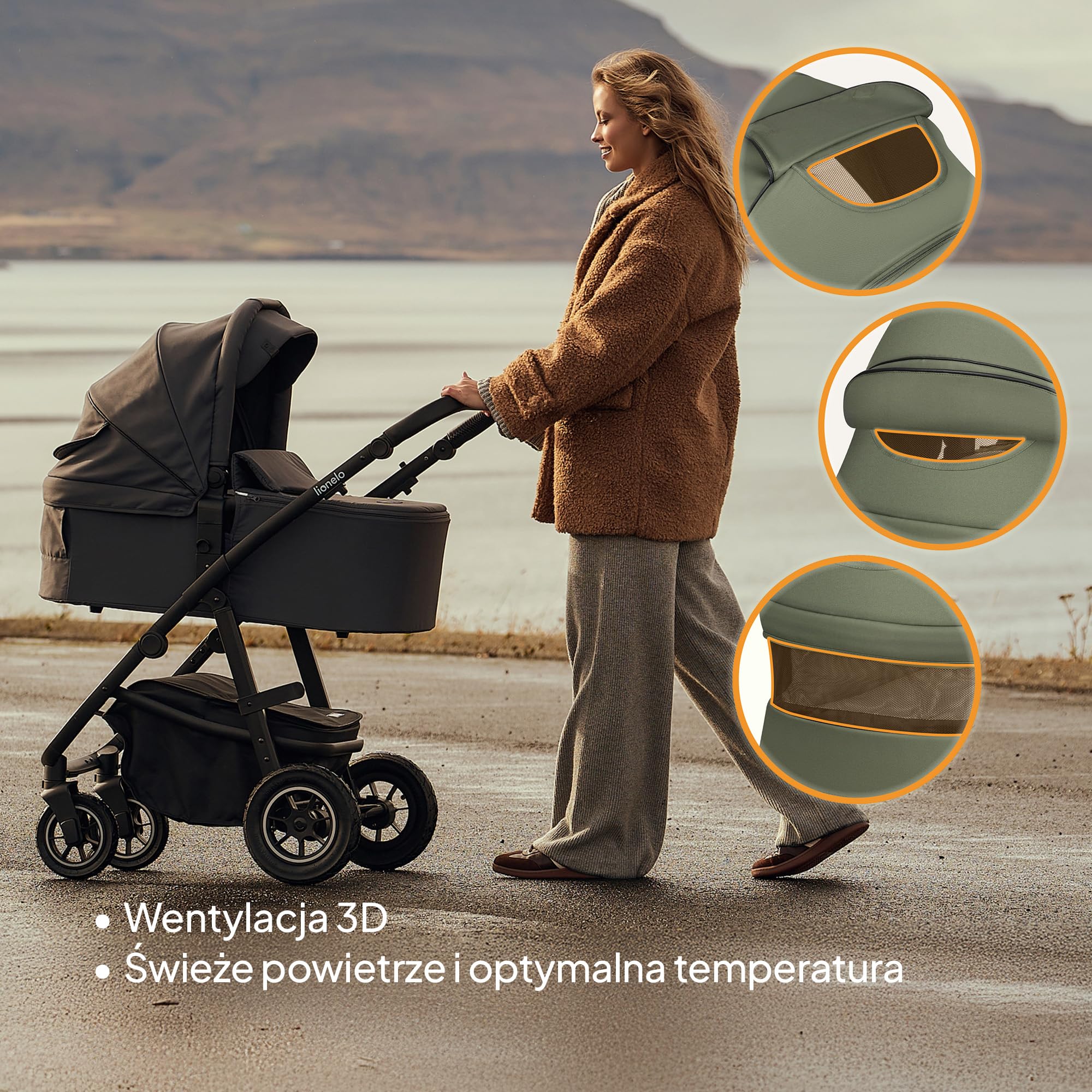 LIONELO AMBER PLUS 2 w 1 Spacerowy Wózek Dziecięcy od 0 do 4 lat do 22kg z Gondolą XL, Regulacja Oparcia, 5 Punktowe Pasy Duże Terenowe Koła 360o Budka XXL Amortyzacja Spacerówka (Zielony)