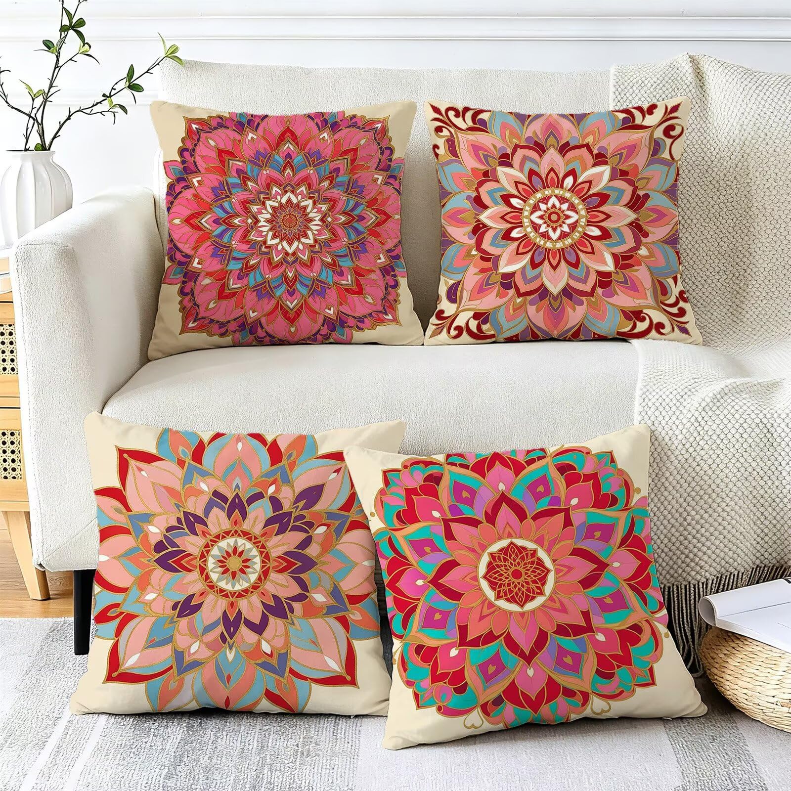 Coussin Exterieur Impermeable Rose, Taie Oreiller 45x45 Set de 4, Cod-3394
