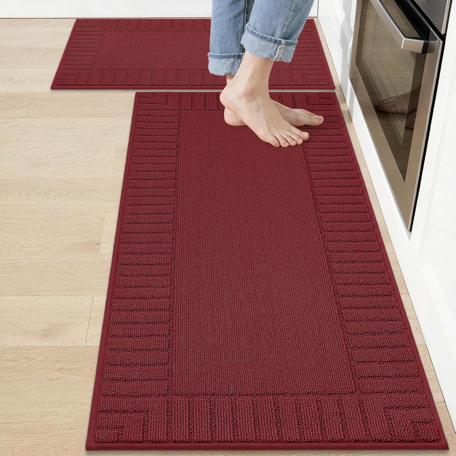 BEQHAUSE-Kitchen-Rugs-and-Mats [2PCS] Non Slip Kitchen Mats for Floor,Machine Washable Burgundy Red Kitchen Rugs,Polypropylene Kitchen Floor Mat with TPR Backing 20x30inch/20x48inch