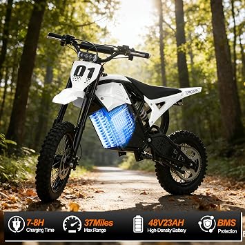 Electric Dirt Bike for Teens & Adults, 3000W 3 Speed Modes (Max 37.5MPH) 48V 23AH, 14/12 Tire Off-Road EBike, Dual Hydraulic Disc Brakes, Full Suspension, Age 13+ (White)
