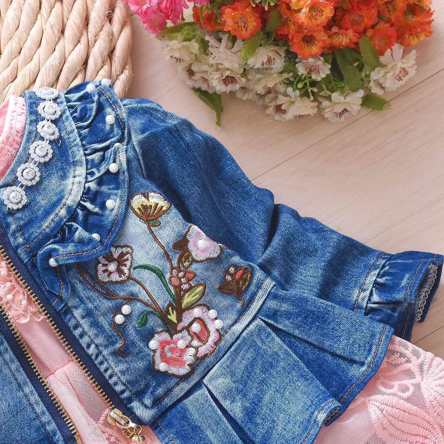 Peacolate 6M-4Years Spring Fall Baby Girls Clothing Set 3pcs Long Sleeve Dress Denim Jacket and Jeans - Image 6
