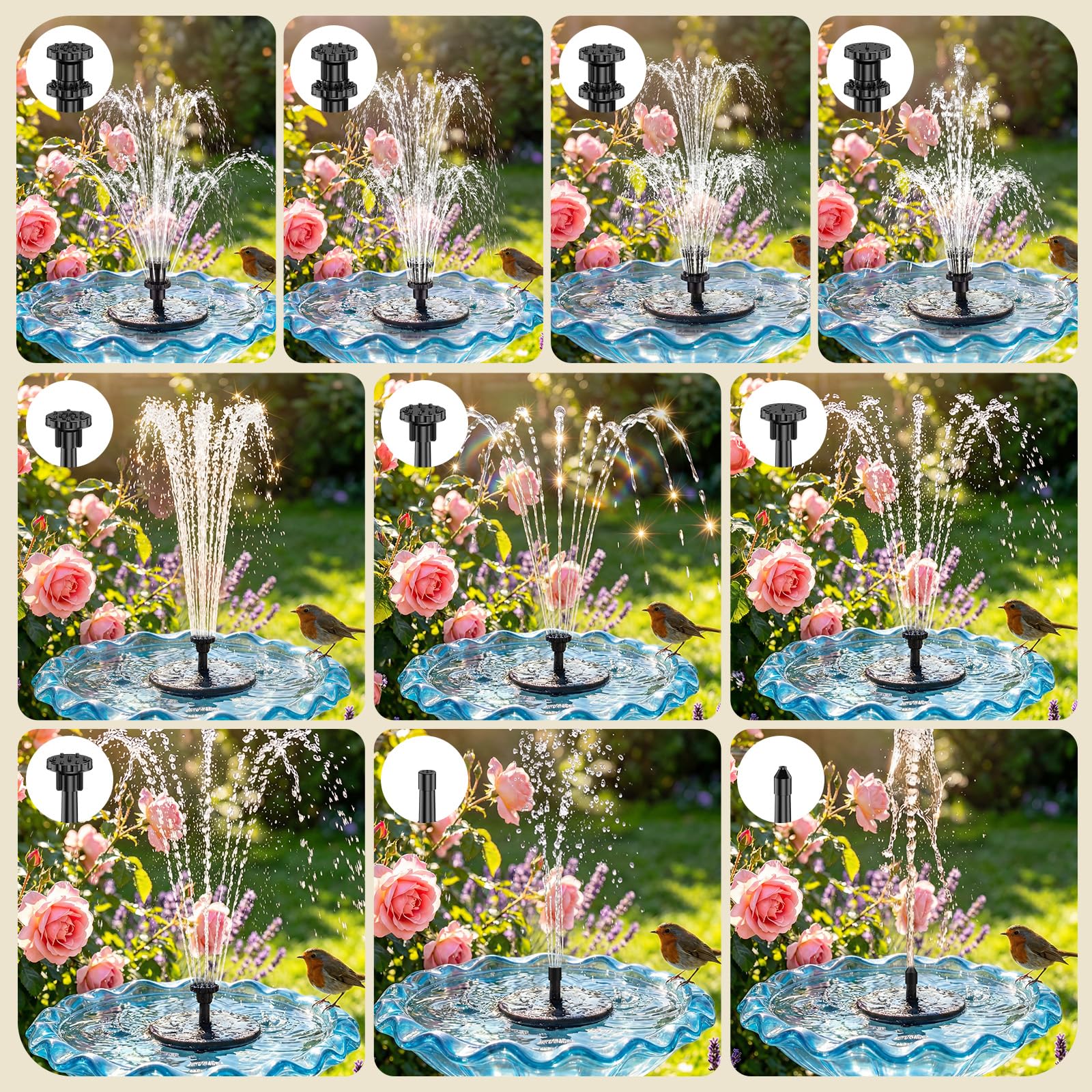 AISITIN 5,5W Solarbrunnen für Draussen, Eingebaute 1500mAh Batterie Solar Springbrunnen für Außen, Schwimmender Fontäne Pumpe mit 10 Fontänenstile für Garten,Vogel-Bad,Teich,Fisch-Behälter,Wasserspiel