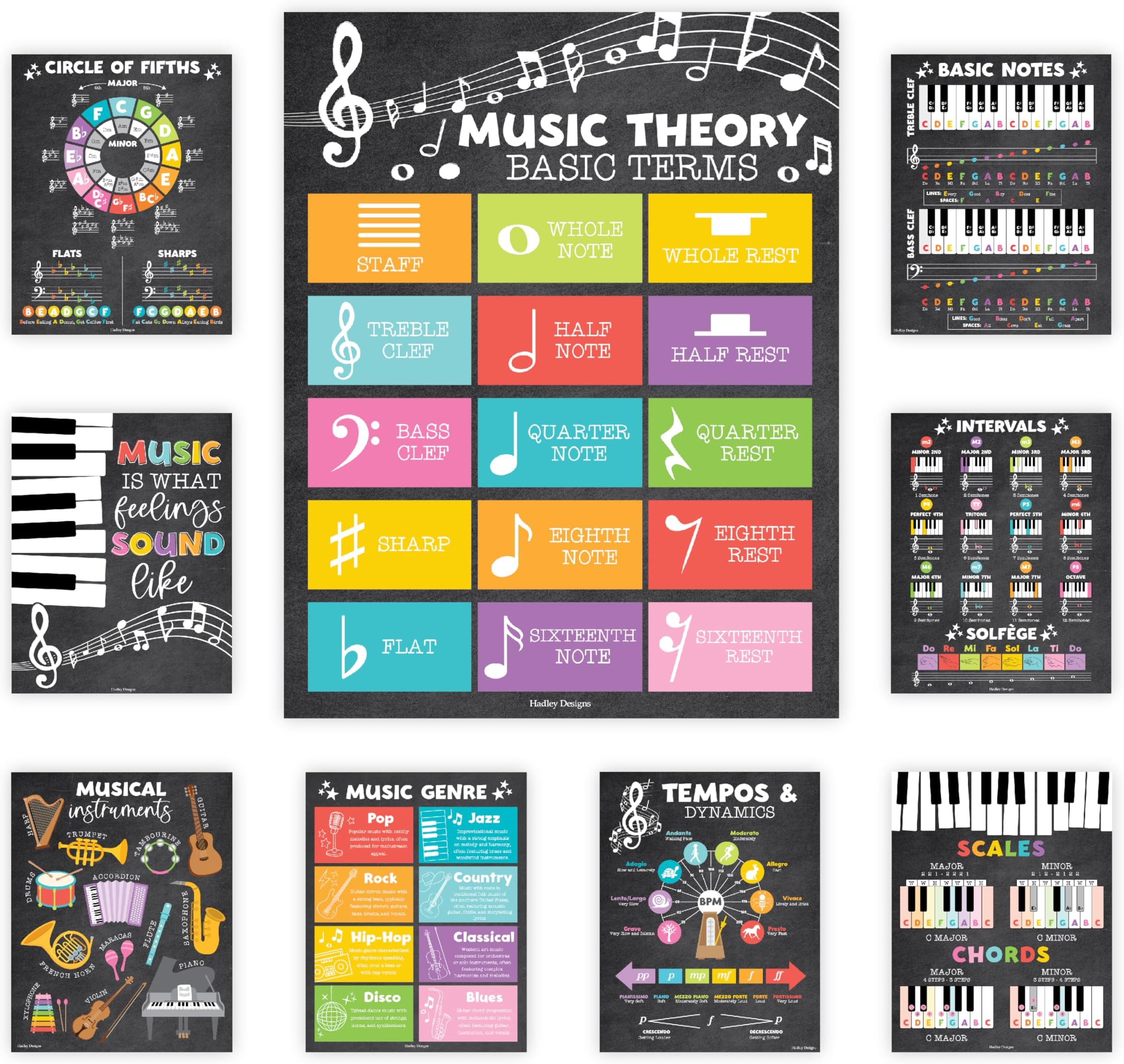 Hadley Designs Music Classroom Decor –9 Music Classroom Posters Elementary, Choir & Solfege Posters, Solfege Hand Signs & Musical Instruments Bulletin Board Decorations, Chalkboard Teacher Must Haves
