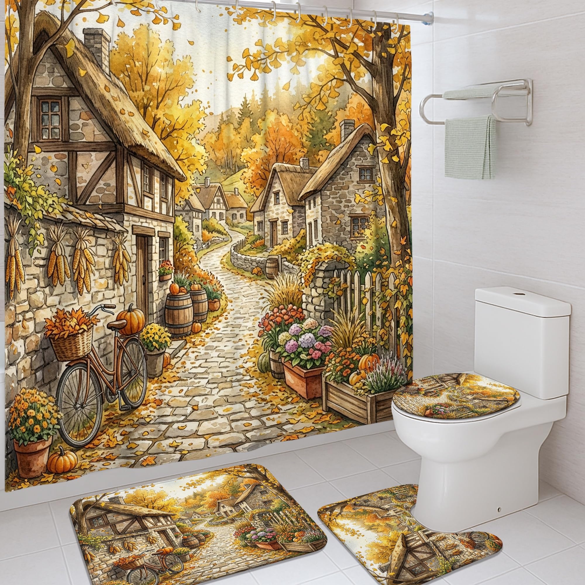 Rideaux de douche rustiques imperméables et tapis de village pour salle de bain