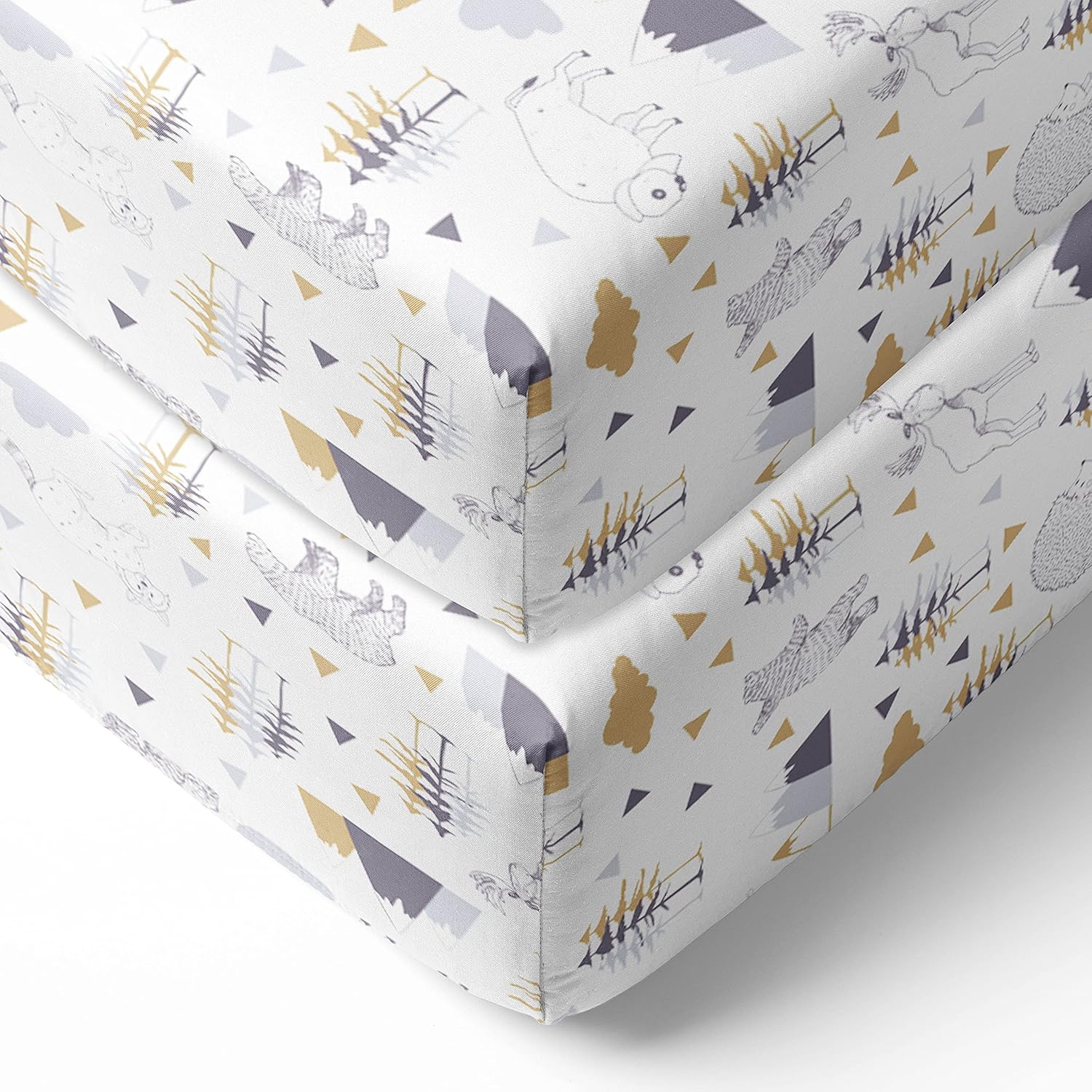 Bacati - 2 Pack Woodlands Bears Bison Owls Printed Neutral 100% Cotton Universal Baby US Standard Crib or Toddler Bed Fitted Sheets (Beige/Grey)