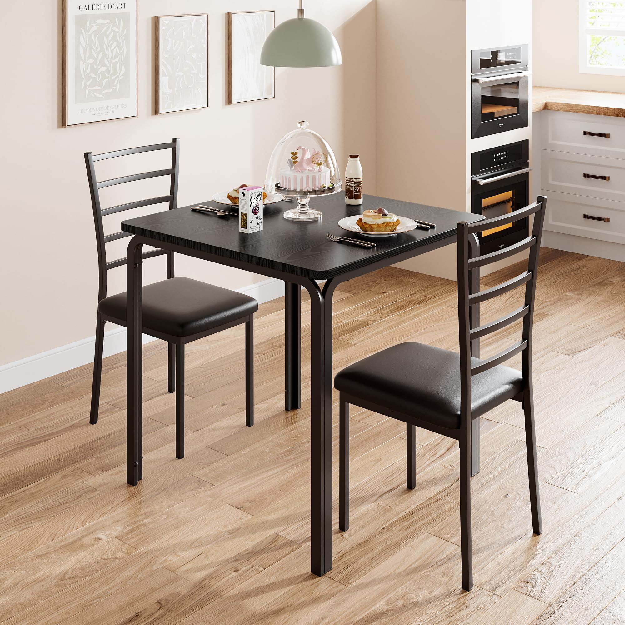 Garvee Mesa Comedor, Set de 1 Mesa y 2 Sillas con Mesa de MDF, Ideal para Hogar y Familia, Uso Interior en Cocina y Salón, Comidas en Familia, Negro