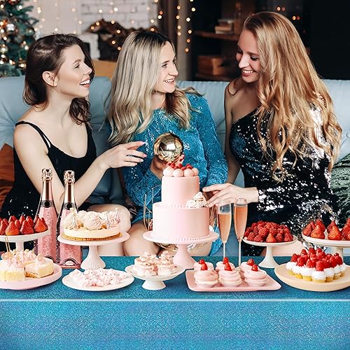 Miniatura 4 de 2 manteles holográficos azules con láser iridiscencia brillante de 40 x 108 pulgadas, manteles rectangulares de papel de aluminio aguamarina para