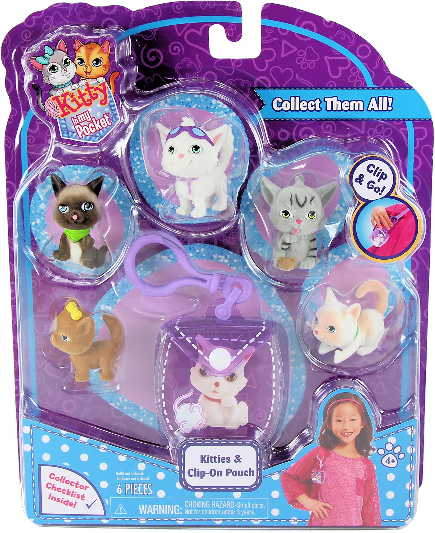 Kitty In My Pocket Kitties & Purple Clip On Pouch - 5 Kitties Included