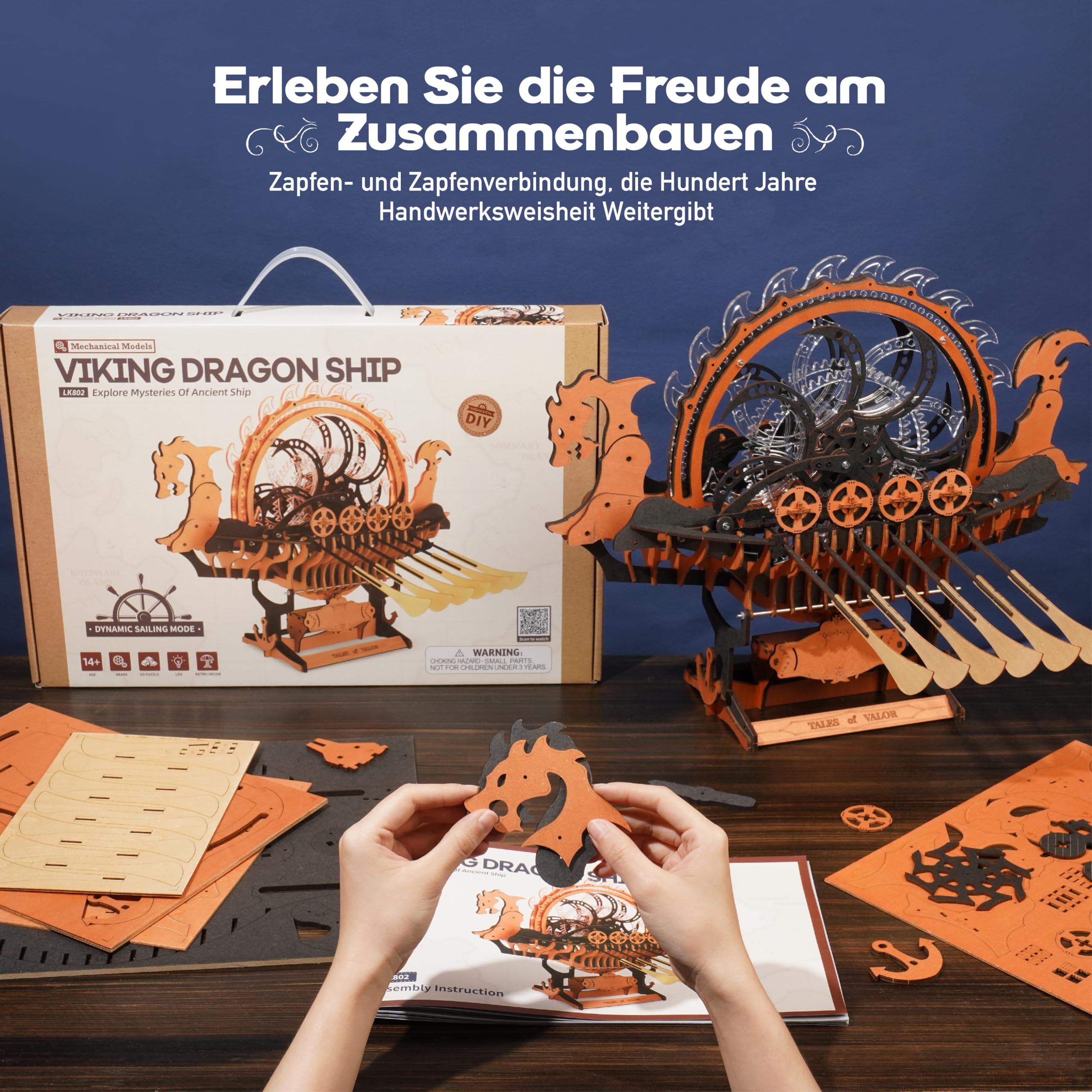 ROBOTIME Holzpuzzle Erwachsene Modellbausatz Schiff, 3D Puzzle Holz Holzpuzzle Erwachsene, Wikingerschiff mit Motor und LED-Leuchten, Mechanischer Zahnradantrieb, Geschenke Drachenschiff LK802