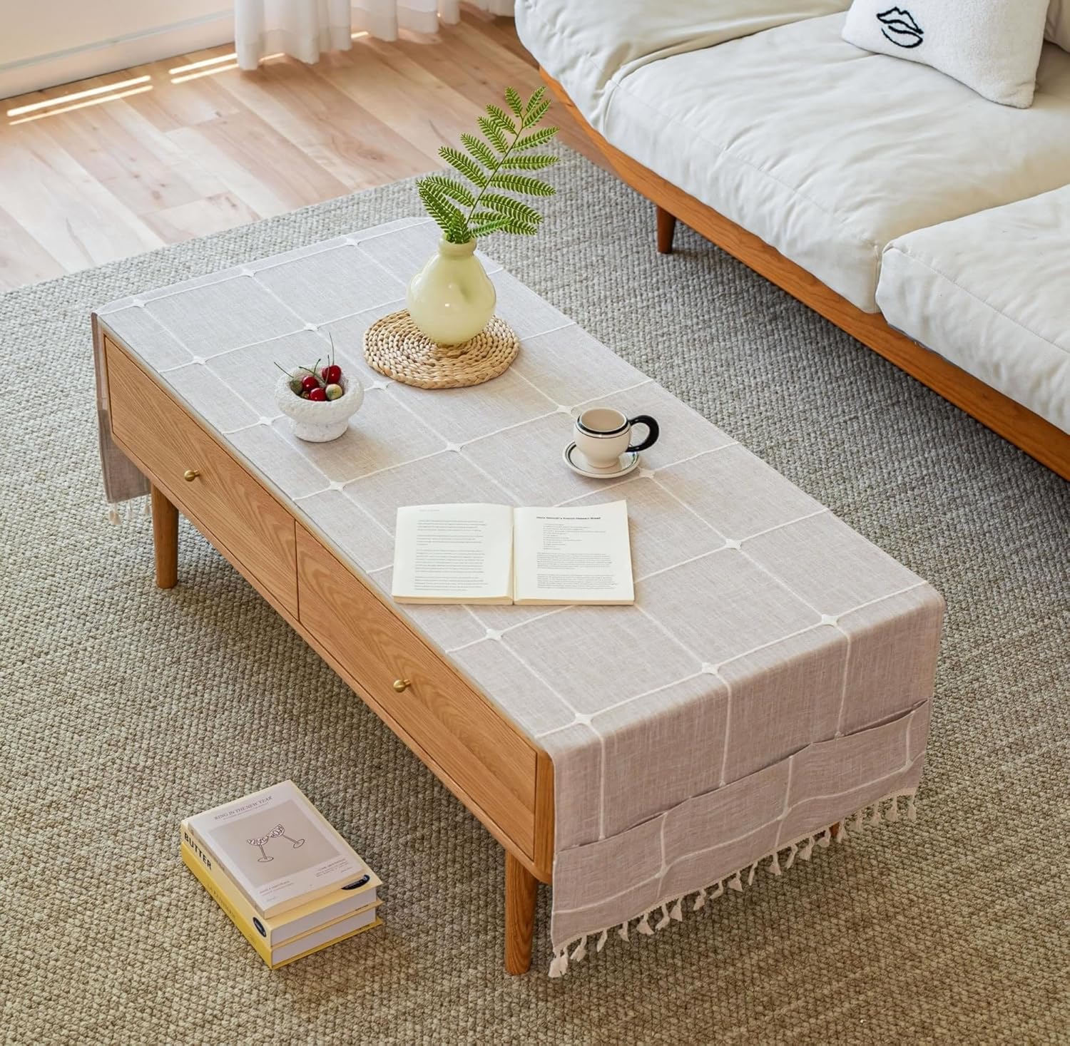 Modern Coffee Table Cloth with Storage Pockets on Both Side,Farmhouse Coffee Table Cover Rectangle with Tassels,Waterproof Tablecloth for Living Room,Machine Washable (67" L x 27.6" W)