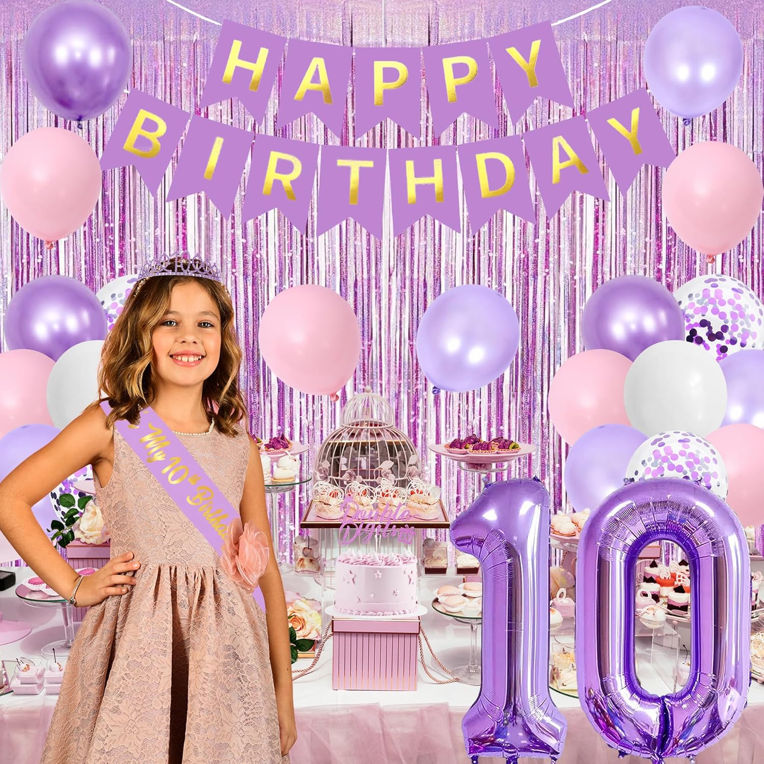 Trgowaul Purple Pink 10th Birthday Decorations for Girls, Double Digits Birthday Party Supplies Banner, 10th Sash and Crown, Cake Topper, 10 Number Balloon, Fringe Curtains, 10 Year Old Girl Decor Set