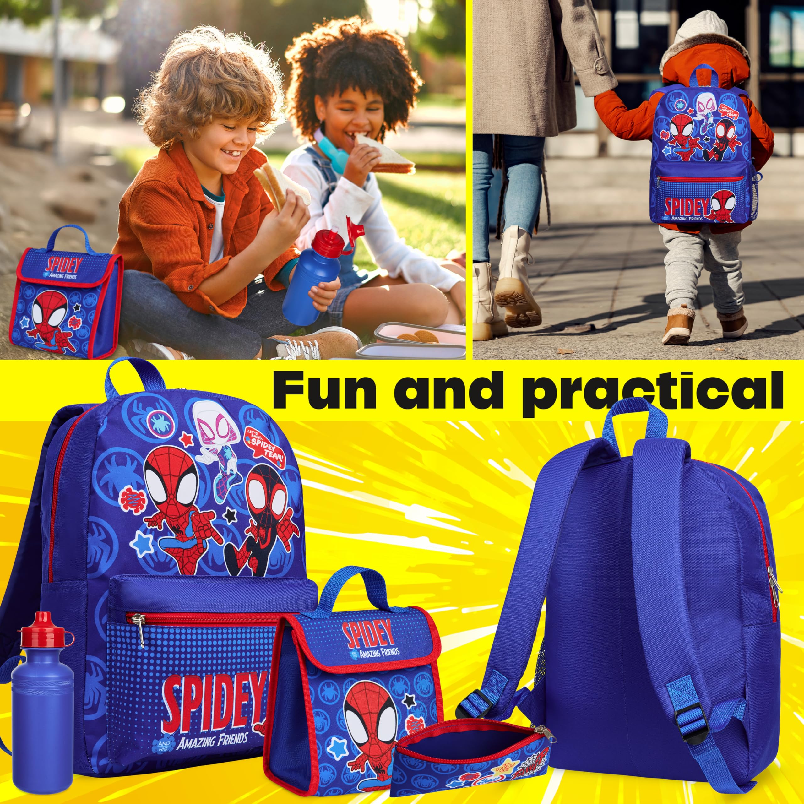 Marvel Spiderman Sac a Dos Enfant Set 4 Pcs Bouteille d'eau y Trousse Scolaire Sac a Lunch ou Portefeuille Porte-clés Cadeau Enfant (Spidey)
