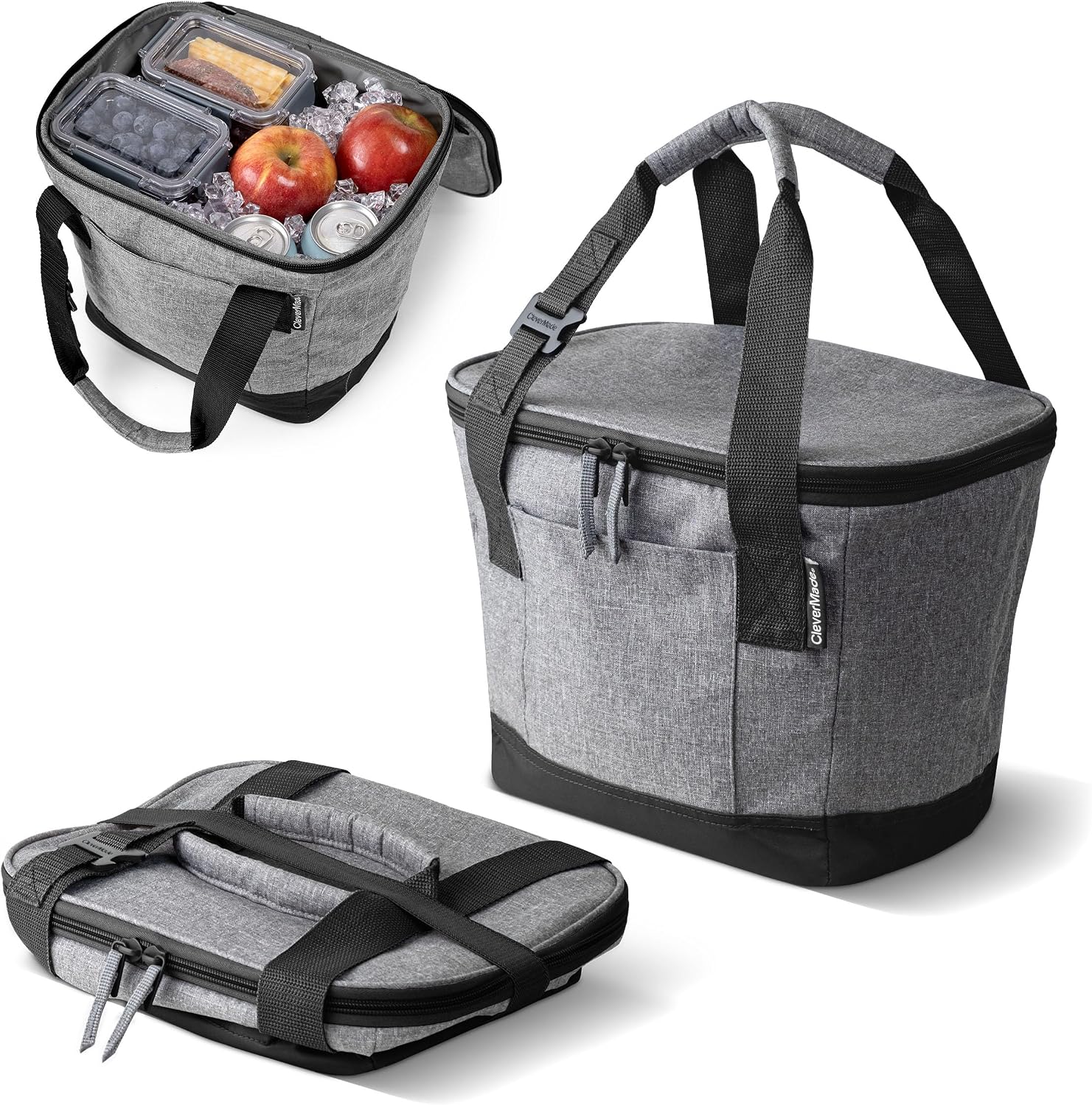 CleverMade Tahoe Collapsible Cooler Bag, 18 Can, Leakproof, Heather Gray | Insulated soft-sided interior keeps food & drinks ready for beach days, picnics, road trips & travel with easy carry handles