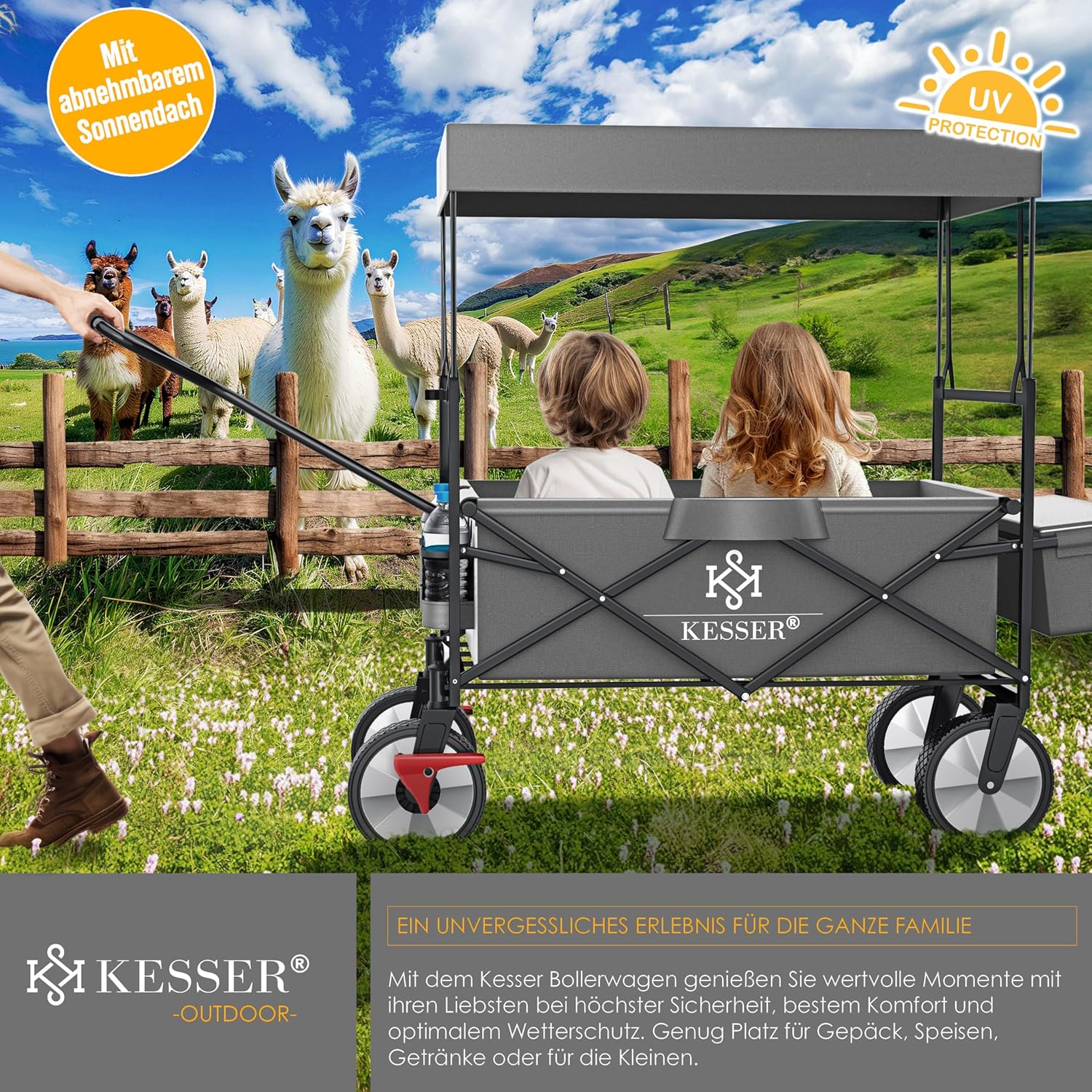 Family enjoying an outing with the KESSER transport cart, showing its capacity for children and gear