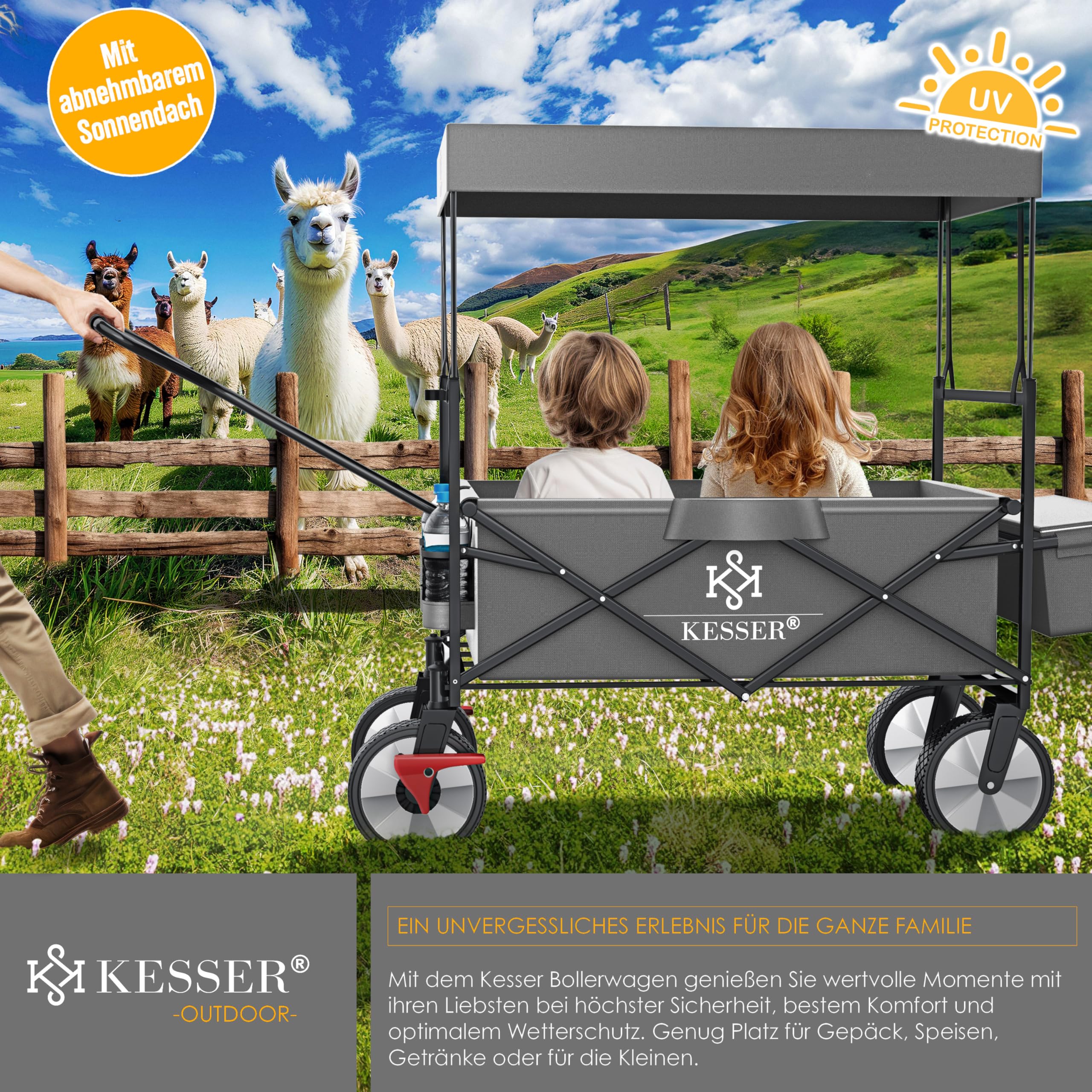KESSER® Bollerwagen faltbar mit Dach Handwagen Transportkarre Gerätewagen klappbar mit 360° drehbare Vorder-Räder, Vorderrad-Bremse & Vollgummi-Reifen inkl. XXL Außen-Tasche, 2 Netztaschen & Abdeckung