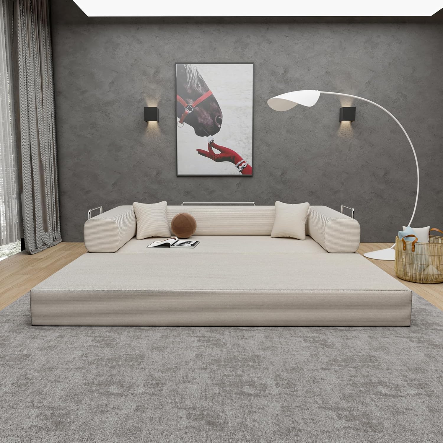 Convertible Sleeper Sofa Bed with All High-Density Foam, No Assembly Foldable Sleeper Couch, Folding Floor Boneless Mattress Couch for Living Room Bedroom Apartment Lounge Office, Beige All Foam