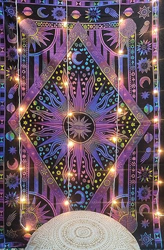 Miniatura 2 de ICC - Tapiz de teñido anudado de sol ardiente morado, celestial, luna, planeta, bohemio, para colgar en la pared, bohemio, hippie, hippie, tapiz de