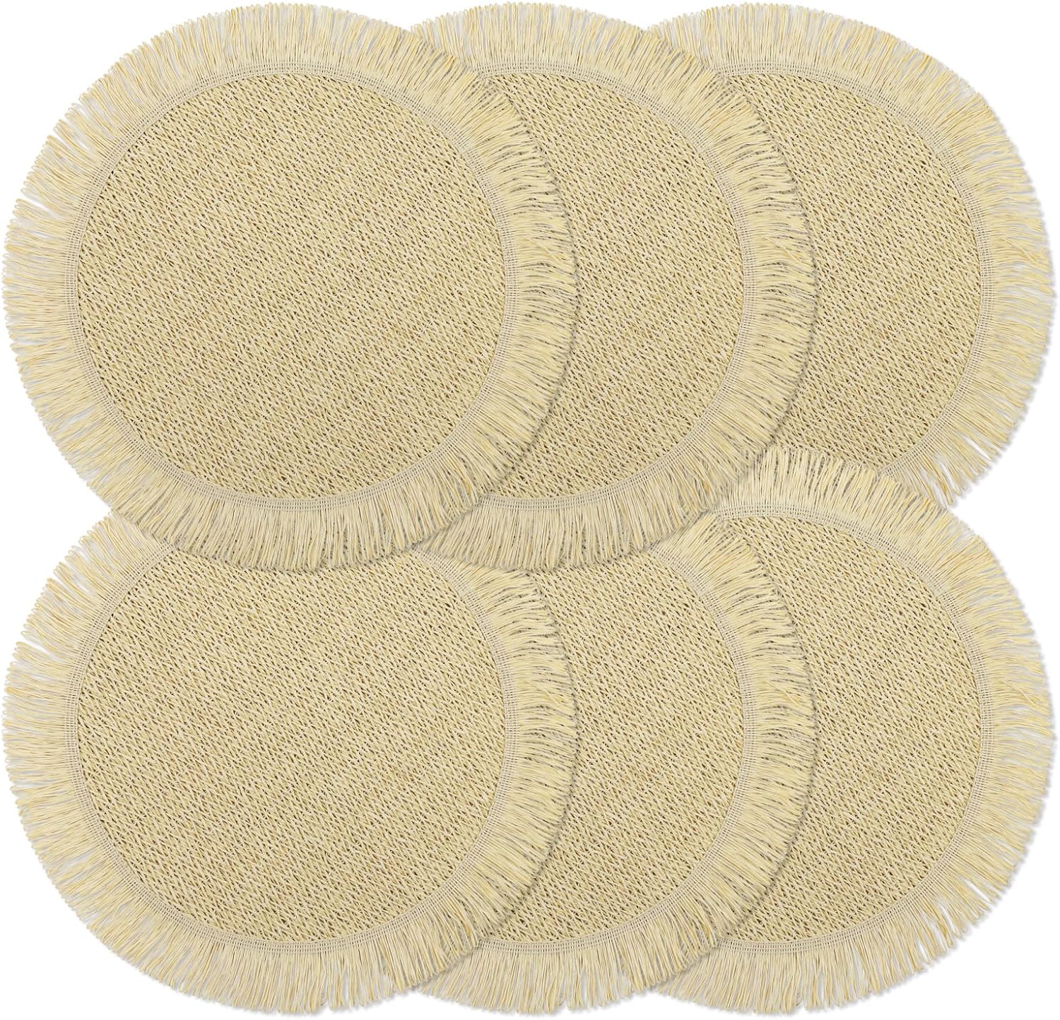 fanquare Boho Round Paper Placemats 15'' Set of 6, Rustic Woven Fade-Safe Tablemats,Braided Placemats for Home, Cafe or Events, Brown