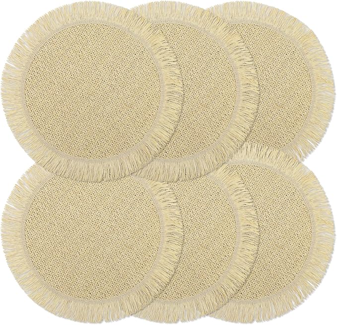 fanquare Boho Round Paper Placemats 15'' Set of 6, Rustic Woven Fade-Safe Tablemats, Braided Placemats for Home, Cafe or Events, Green