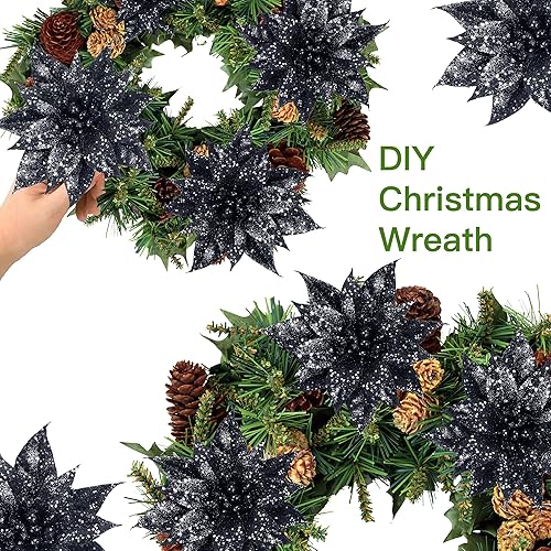 Vista 12 de Sggvecsy 15 Pcs Christmas Glitter Flowers Christmas Tree Ornaments Shining Artificial Poinsettia Christmas Flowers Decoration with Clips for Xmas