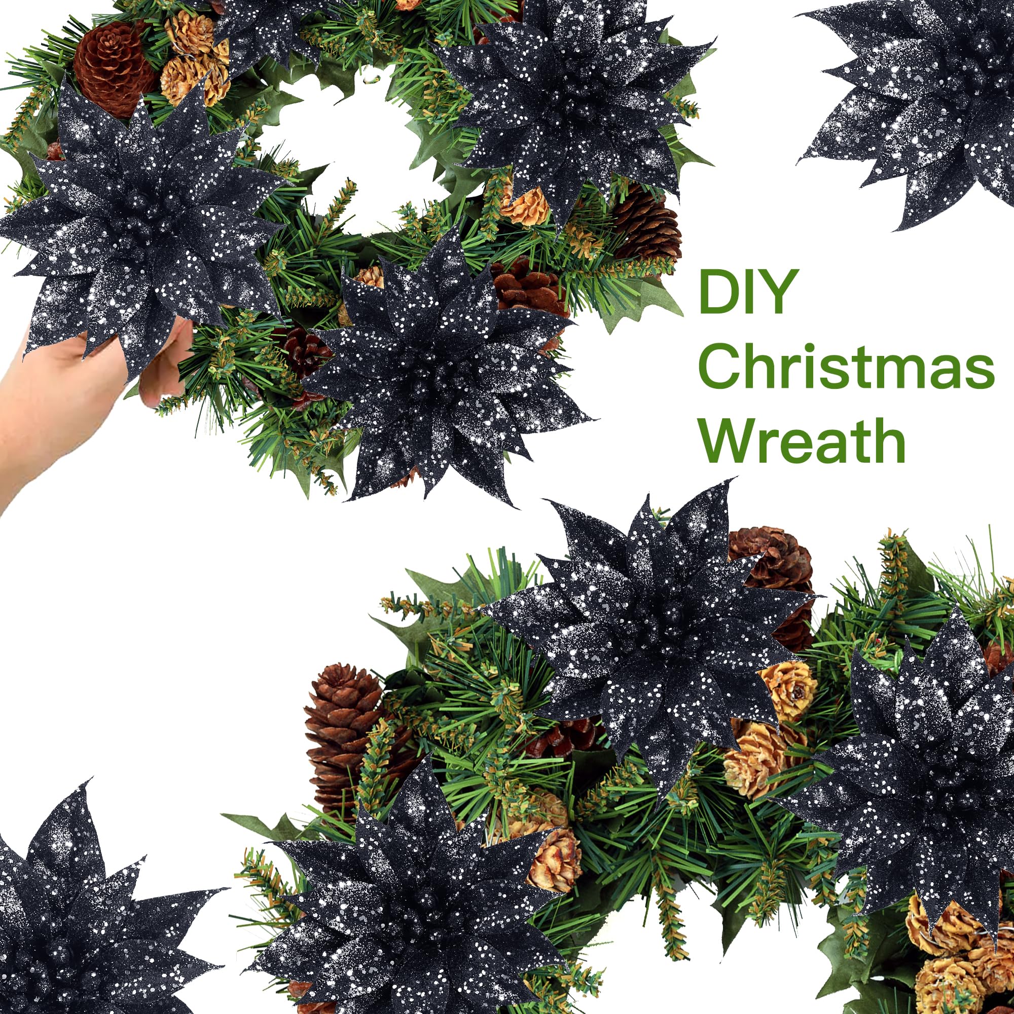 Sggvecsy 15 flores de Navidad con brillantina, adornos para árbol de Navidad, flores de Pascua artificiales brillantes con clips para Navidad, vacaciones, boda, corona, fiesta, decoraciones florales