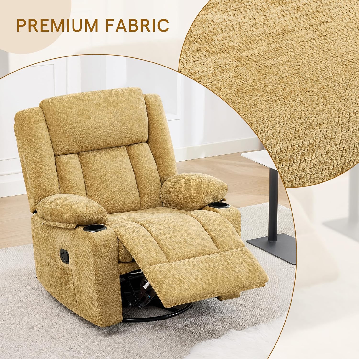 Swivel Rocker Recliner Chair with Cup Holders, 360 Degree Rotating Nursery Rocking Chair with Side Pockets, Manual Recliner for Living Room (Yellow)