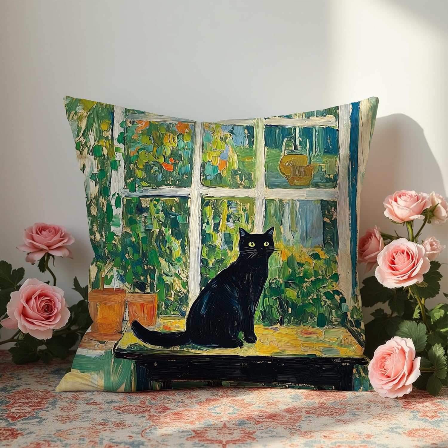 Abstract Impressionist Black Cat Pillow Covers 18x18, Cat Lovers Gifts for Women, Cats Mom Lady Grandma Gifts, Black Kitten Botanical Decorative Pillow Covers for Home Bedroom Office - Image 5