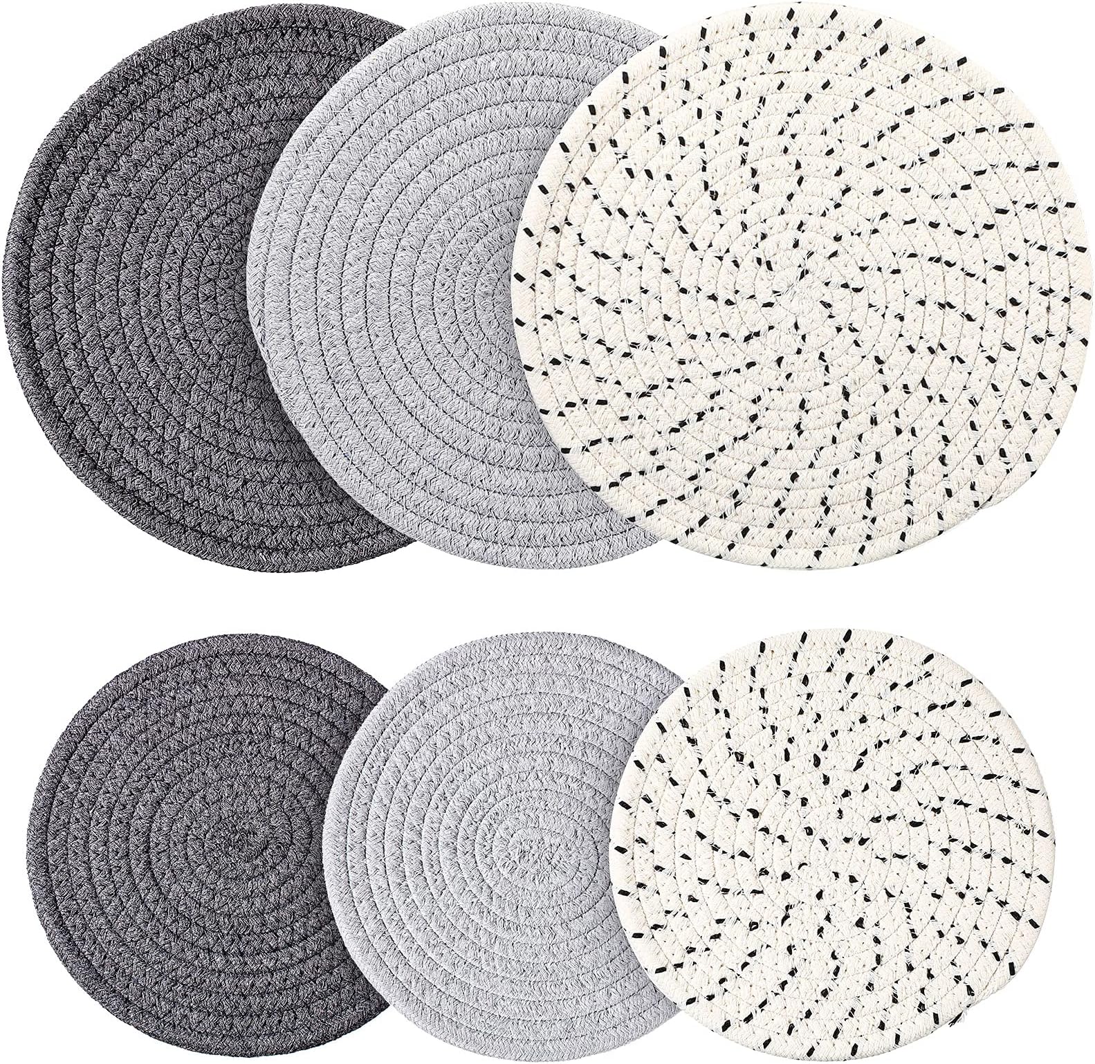Patelai6 Pcs Trivets for Hot Pads Large Round Cotton Trivets Braided Woven Trivet Coaster for Hot Pots Pans Pot Holders Dishes for Kitchen Cook (Gray, Dark Gray, White Gray, 7 Inch and 9 Inch)