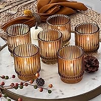 Kate Aspen Ribbed Amber Glass Votive Candle Holders Set of 6 - Vintage Boho Tea Light Holders for Weddings, Farmhouse Decor