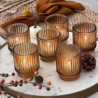 Kate Aspen Ribbed Amber Glass Votive Candle Holders Set of 6 - Vintage Boho Tea Light Holders for Weddings, Farmhouse Decor