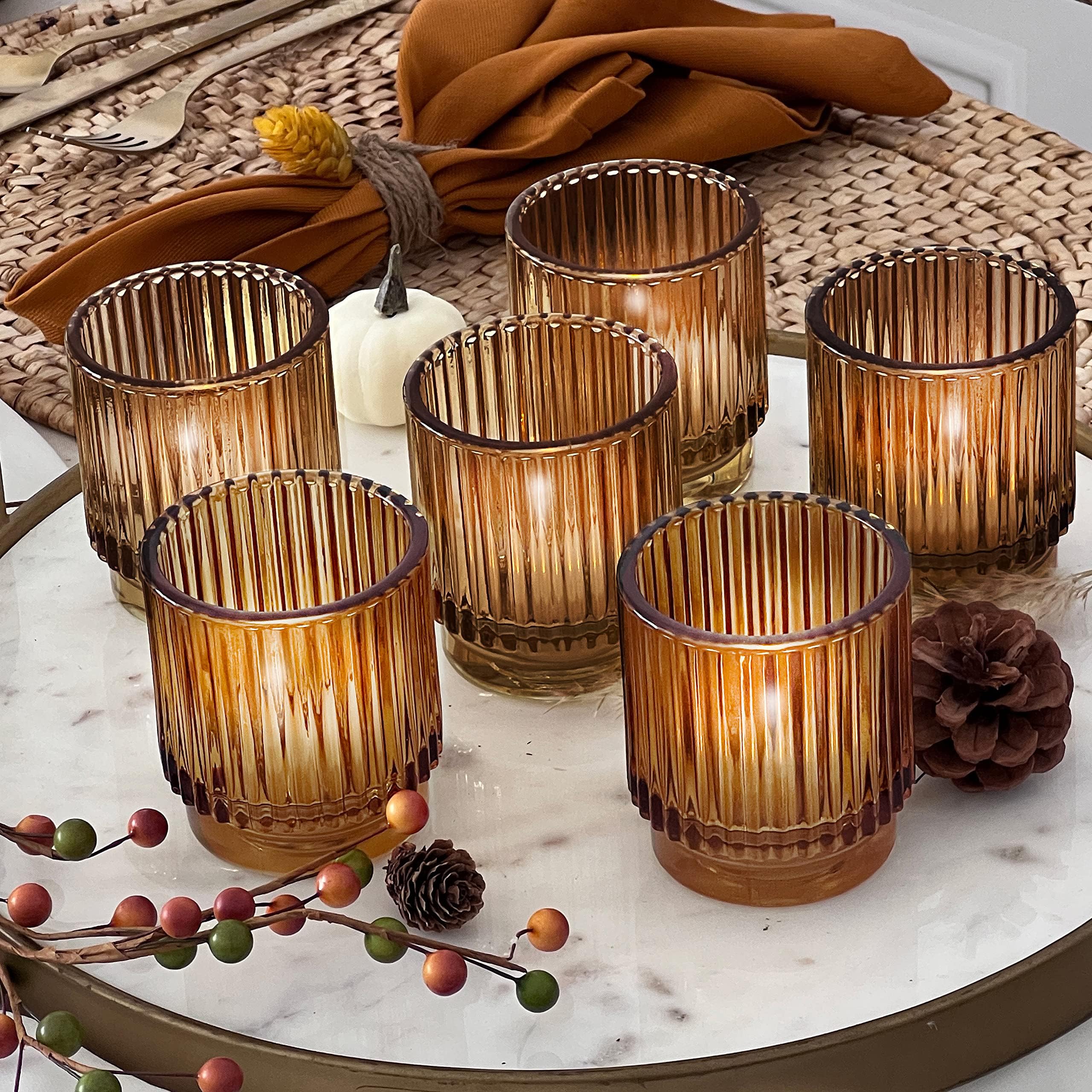 Kate Aspen Vintage Glass Tealight & Amber Votive Candle Holders (Set of 6) Rustic Fluted Candle Holder Set, Boho Home Decor, Wedding Table Centerpieces, Farmhouse Kitchen Table Decor