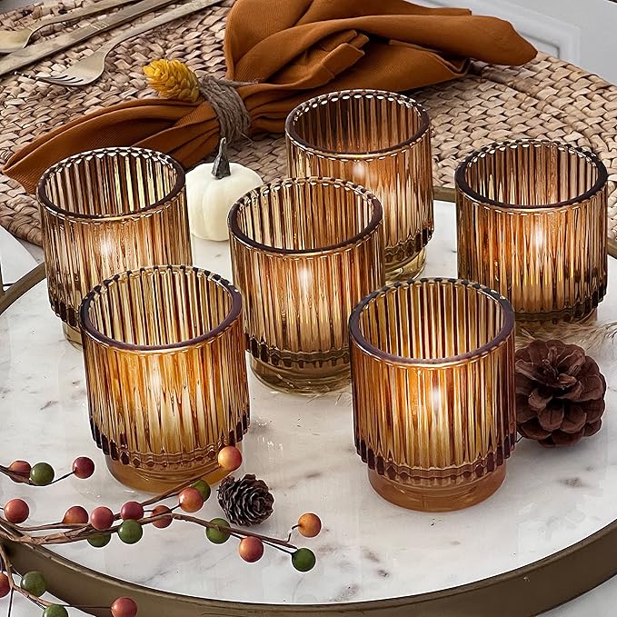 Vintage Ribbed Amber Glass Tealight & Votive Candle Holders - Thumbnail 2