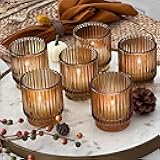 Kate Aspen Vintage Glass Tealight & Amber Votive Candle Holders Rustic Fluted Candle Holder Set, Boho Home Decor, Wedding Table Centerpieces, Farmhouse Kitchen Table Décor (Set of 6)