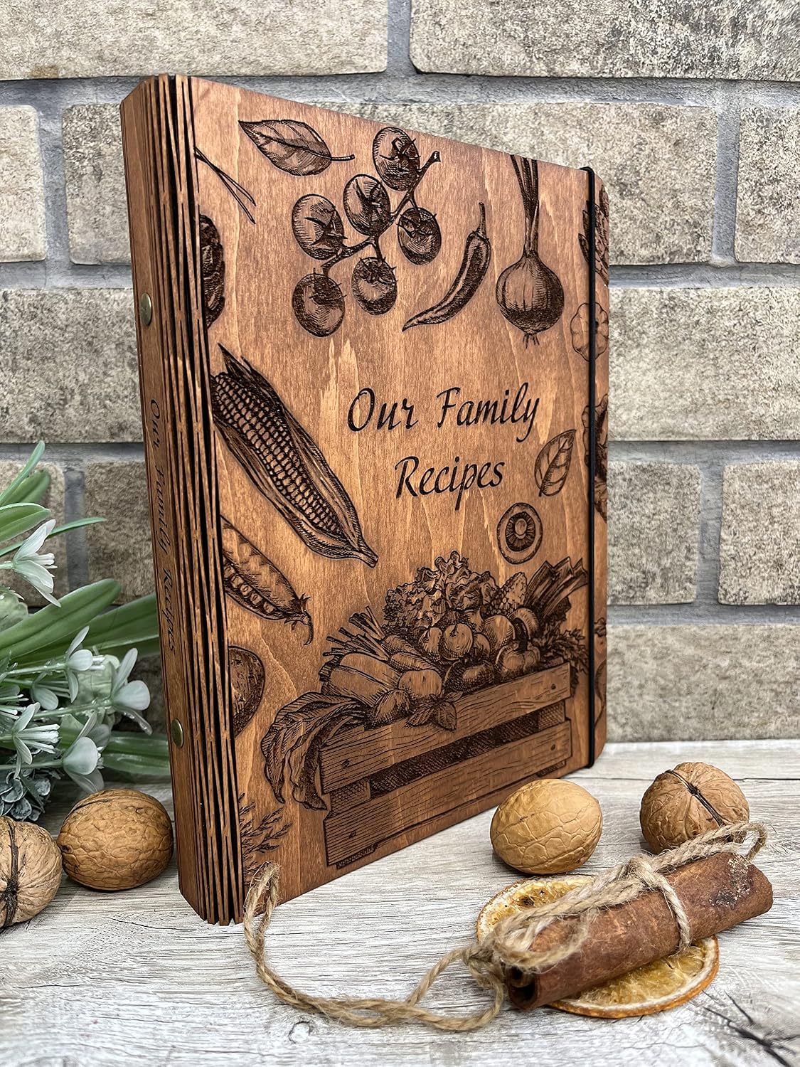 Wooden Recipe Book Engraved Family Cookbook | Wooden Notebook Cover Recipe Journal | Wooden Gift for Wedding Birthdays (WALNUT)