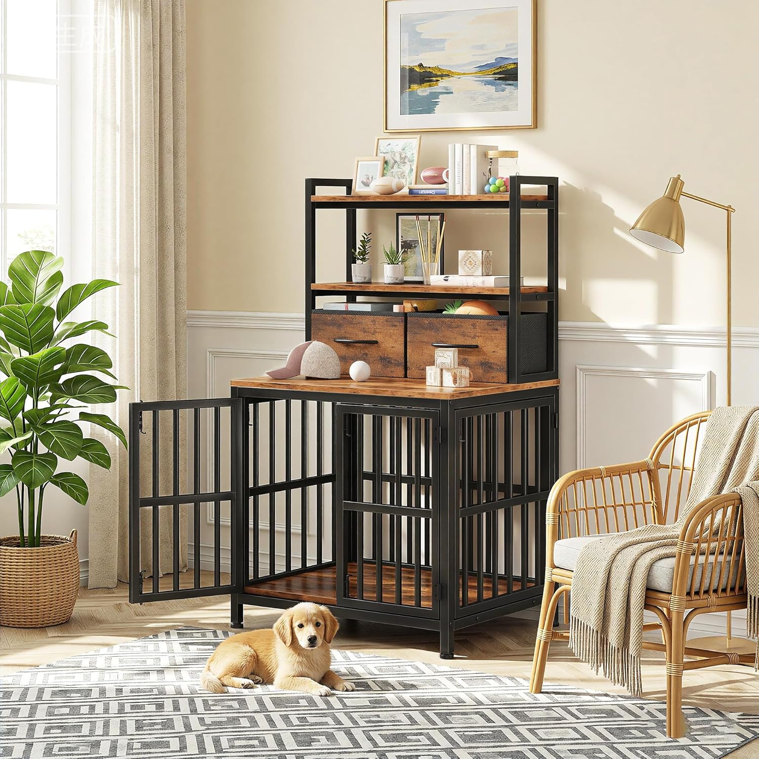 Dog Crate Furniture with Drawer & Shelf, 25.5" Small Dog Crate with 4 Lockable Doors, Indoor Dog Kennel for Small Dogs, Anti-Chew Dog Cage with Storage, Rustic Brown, 43.7" H