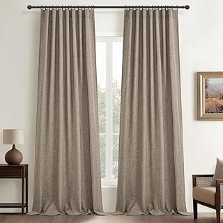 Living Room Pleated Linen Curtains 108 Inches Long 2 Panel Sets, Farmhouse Natural Burlap Light Filtering Ceiling Track Semi Sheer for Bedroom Privacy Dark Flax Tan Windows Drapes 52"W x 108"L