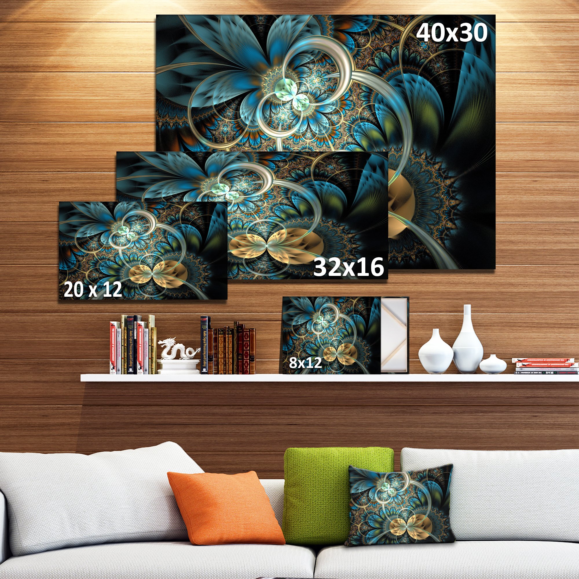 絵画 flk041116 Designart PT7277-32-16 Symmetrical Blue Gold Fractal Flower Canvas