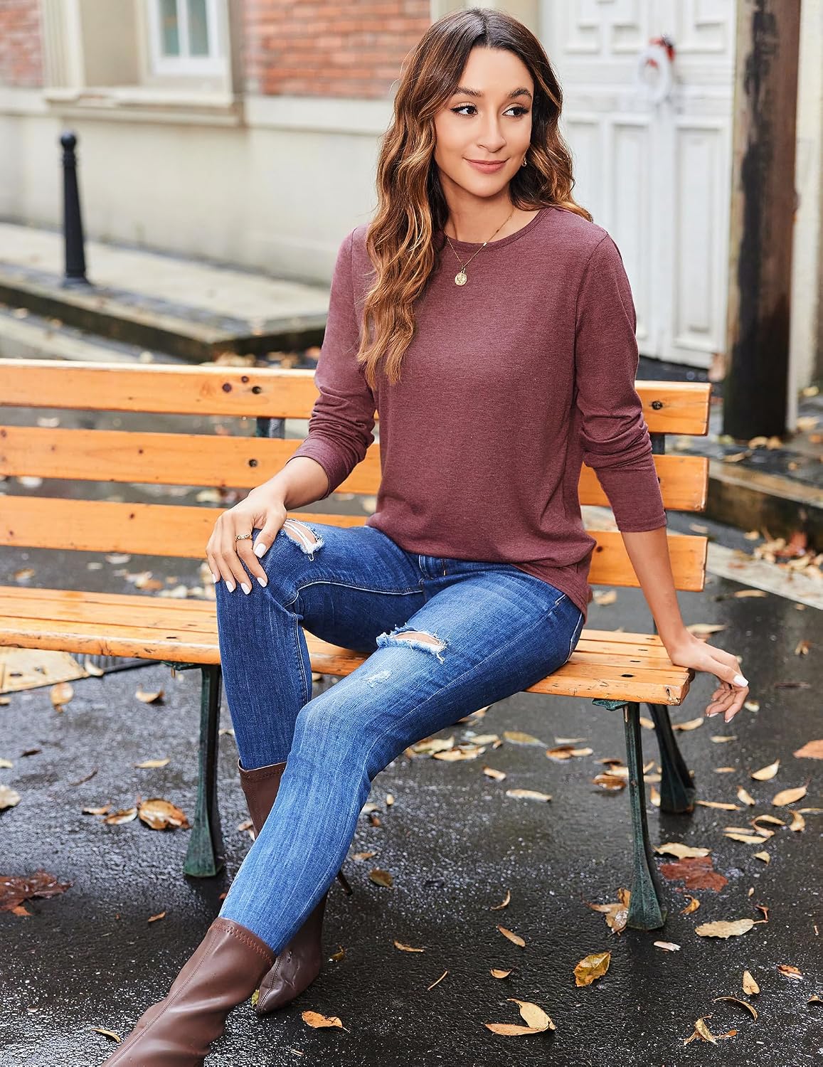 Zeagoo Women's Casual Shirts Long Sleeve Tops Crewneck Tshirts Fall Clothes