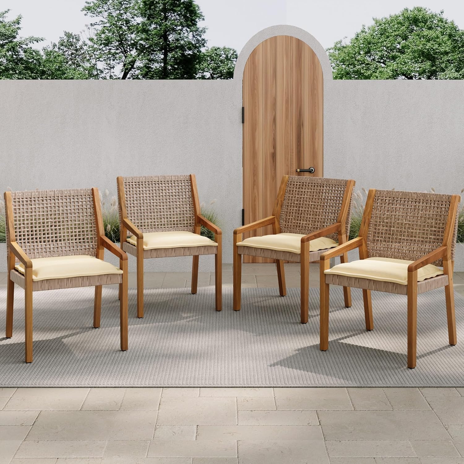 Outdoor Dining Set 4 Chairs + 1 Table, Premium Acacia Wood Teak Finish Table & Wicker Chairs with Cream Cushions, for Large Gatherings, Patio Dining