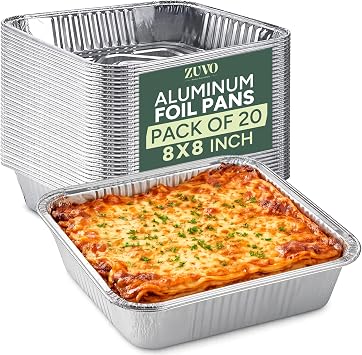 Zuvo 8x8 Aluminum Foil Pans 20 Pack Disposable Square Baking Pans for Cooking, Roasting, Meal Prep & Freezer Storage Heavy Duty Tin Foil Trays, Oven & Air Fryer Safe [Without Lids]