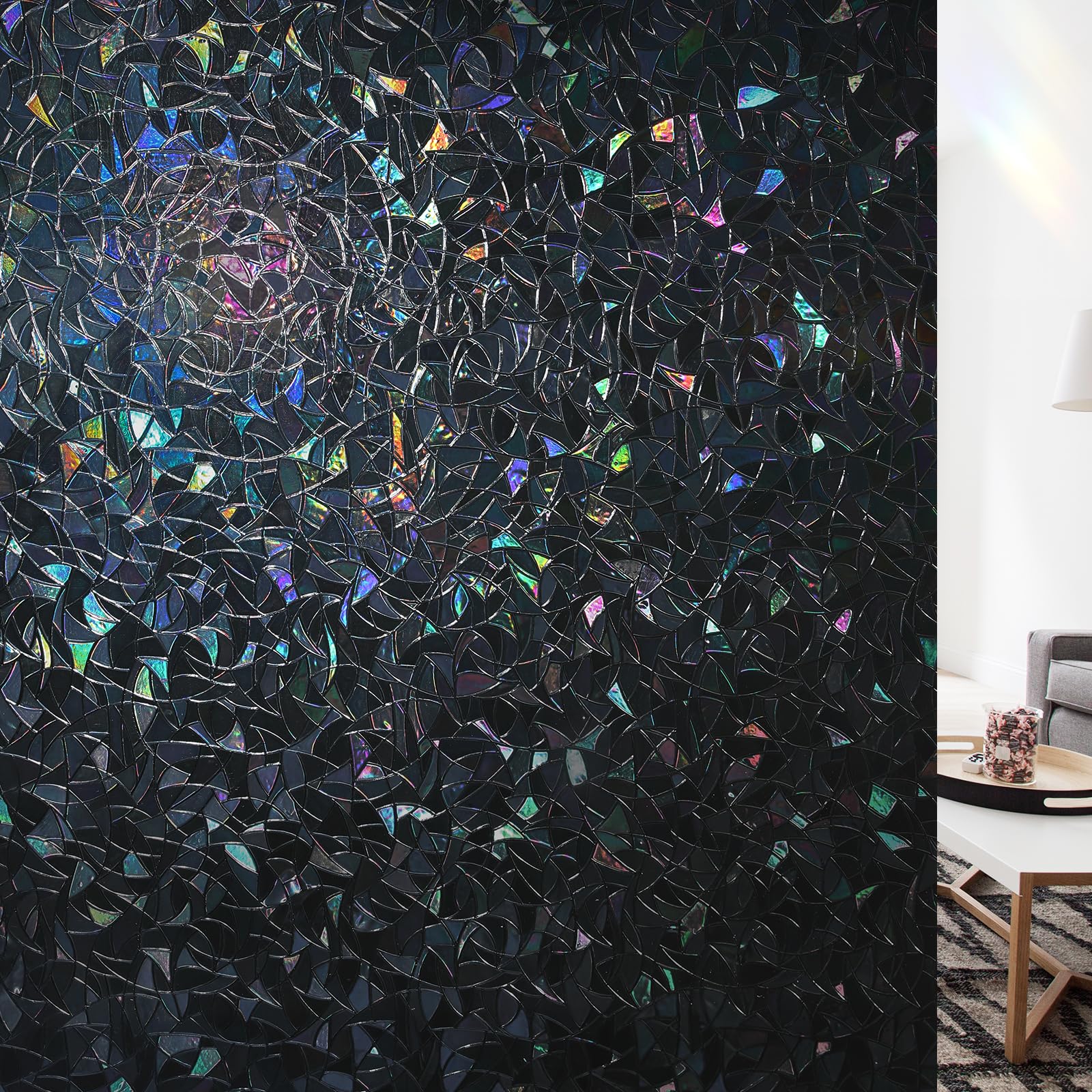 LUTE Blackout Window Film, Sun Light Blocking Window Film for Room Darkening Day Sleep, 100% UV Blocker Stained Glass Window Covering, Rainbow Black Out Shades Tint for Home, Black, 35.4" x 78.7"