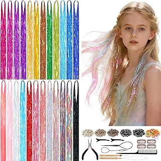 8400 STRANDS Hair Tinsel Kit for Girls, 24 Colors 48 Inches Fairy Hair Tinsel Kit Heat Resistance Colorful Glitter Hair Extensions with Tools for Party Concert