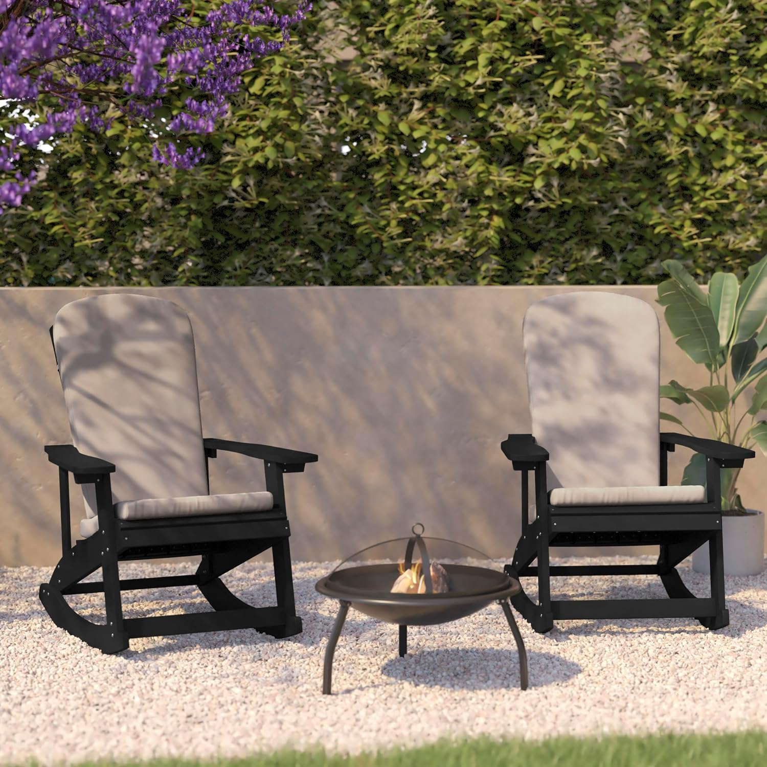 Flash Furniture Savannah Set of 2 Rocking Adirondack Chairs with Cushions - Black Poly Resin Frame - Cream All-Weather Cushions - Indoor/Outdoor Use