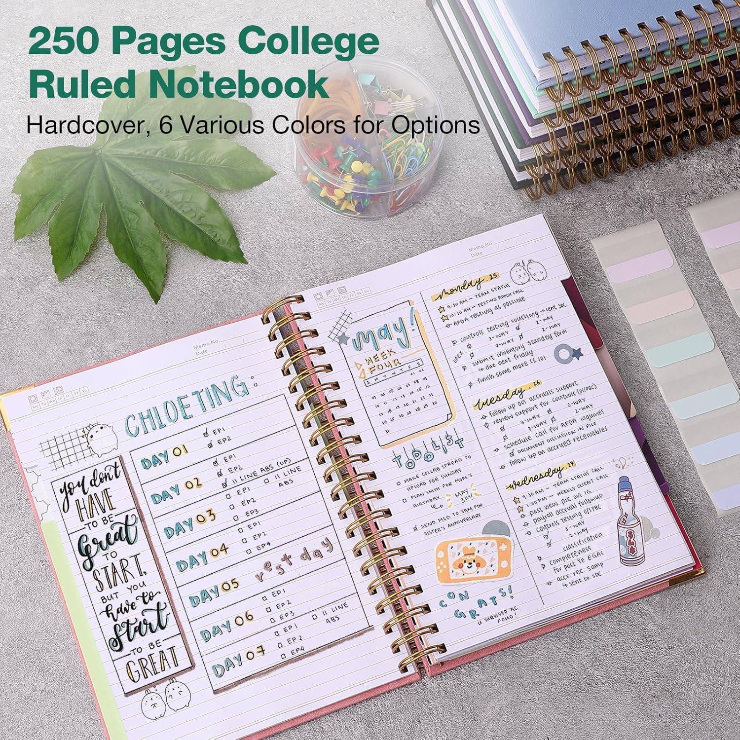 College Ruled Notebook, Spiral Notebook, Leather Hardcover Notebook Journal for Women Men, 5 Subject Notebook with Dividers, Journaling Notebooks for Work School, B5 Lined Notebook, 8" x 10", Black - Image 4