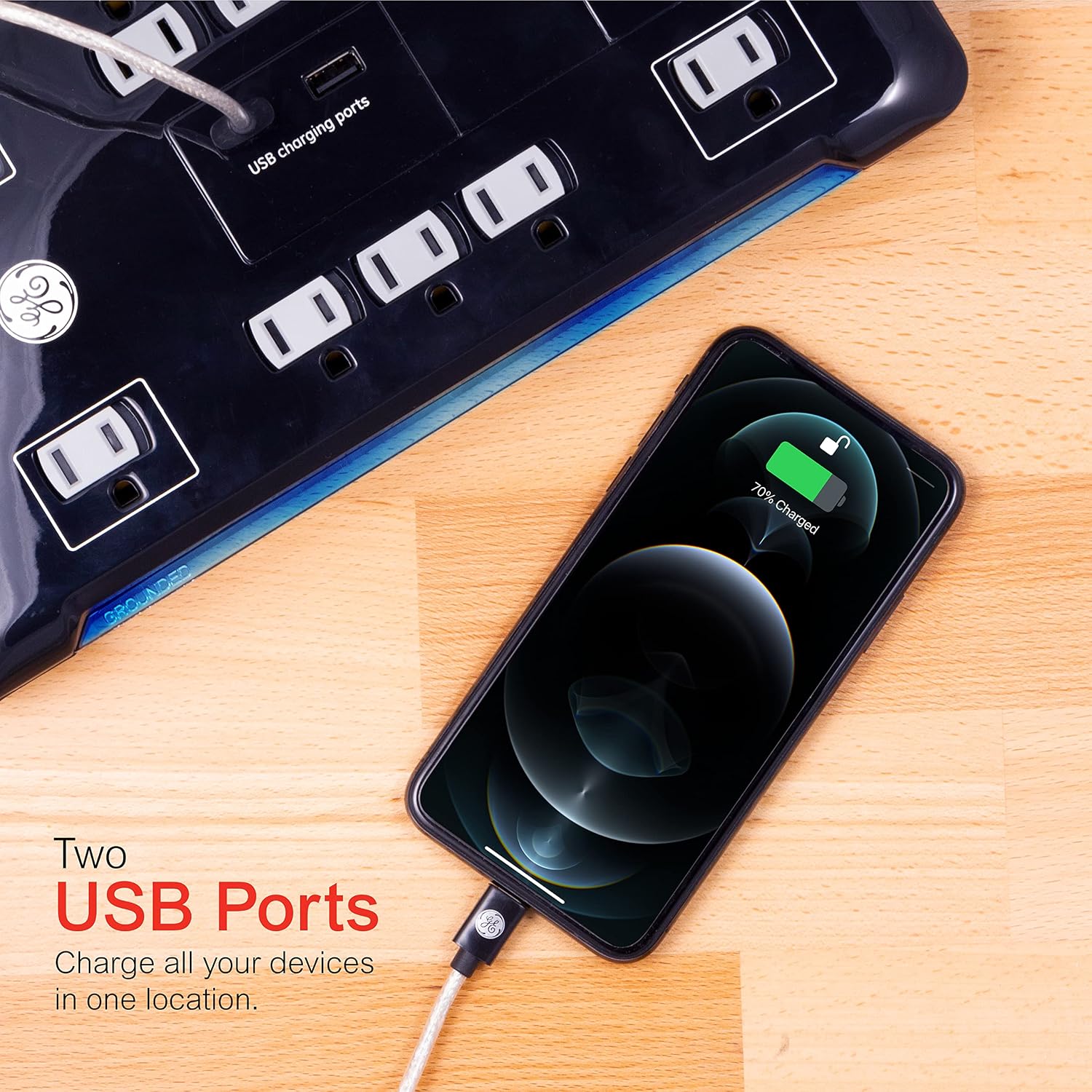 GE UltraPro 10 Outlet Surge Protector, 2 USB Ports, 4 Ft Power Cord, 2880 Joules, Flat Plug, Power Filter, Circuit Breaker, Warranty, UL Listed, Black, 34462