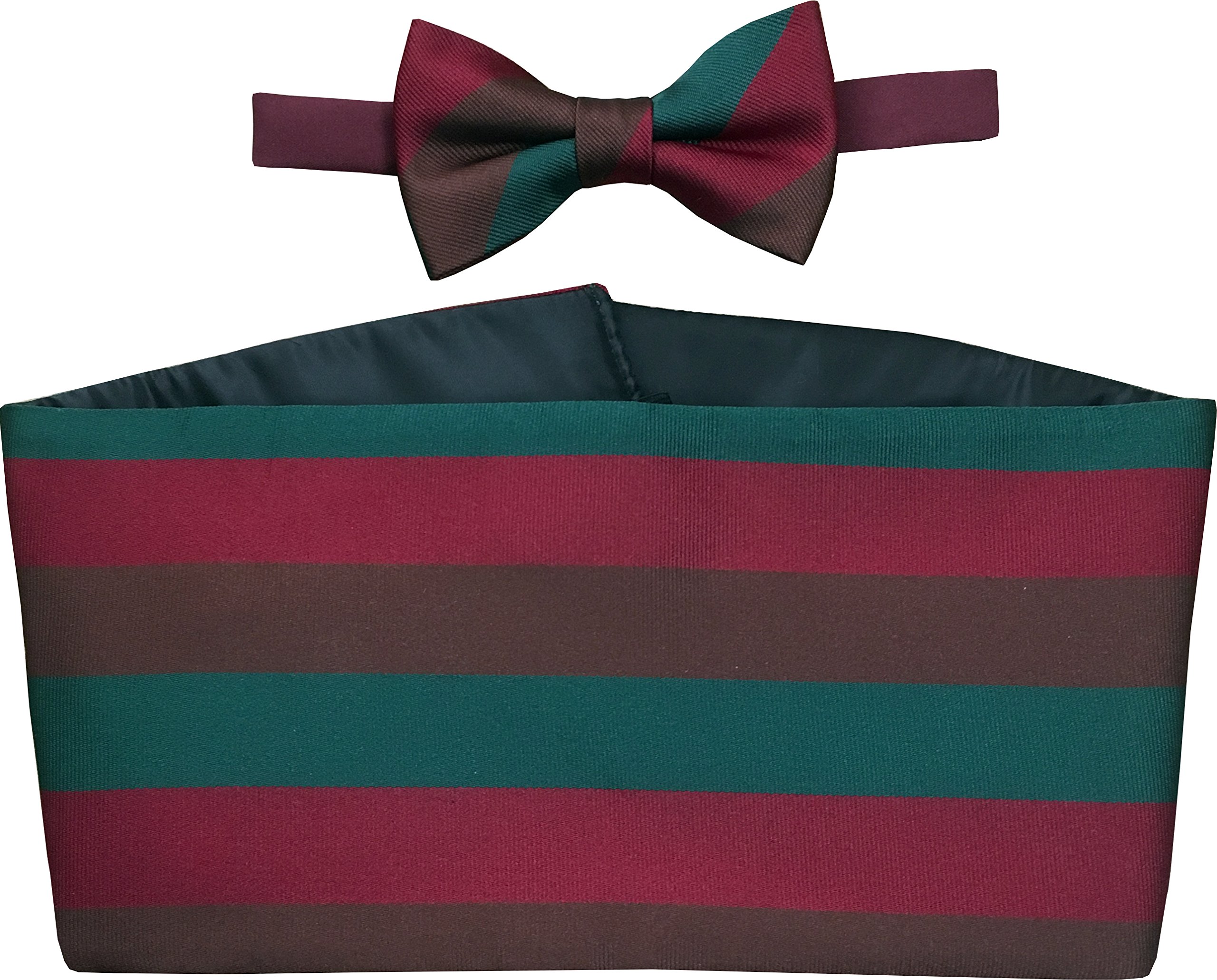 Great British Tie Club Men's Brown, Red, Green Royal Tank Regit Cummerbund Set (Includes Bow Tie & Hanky)